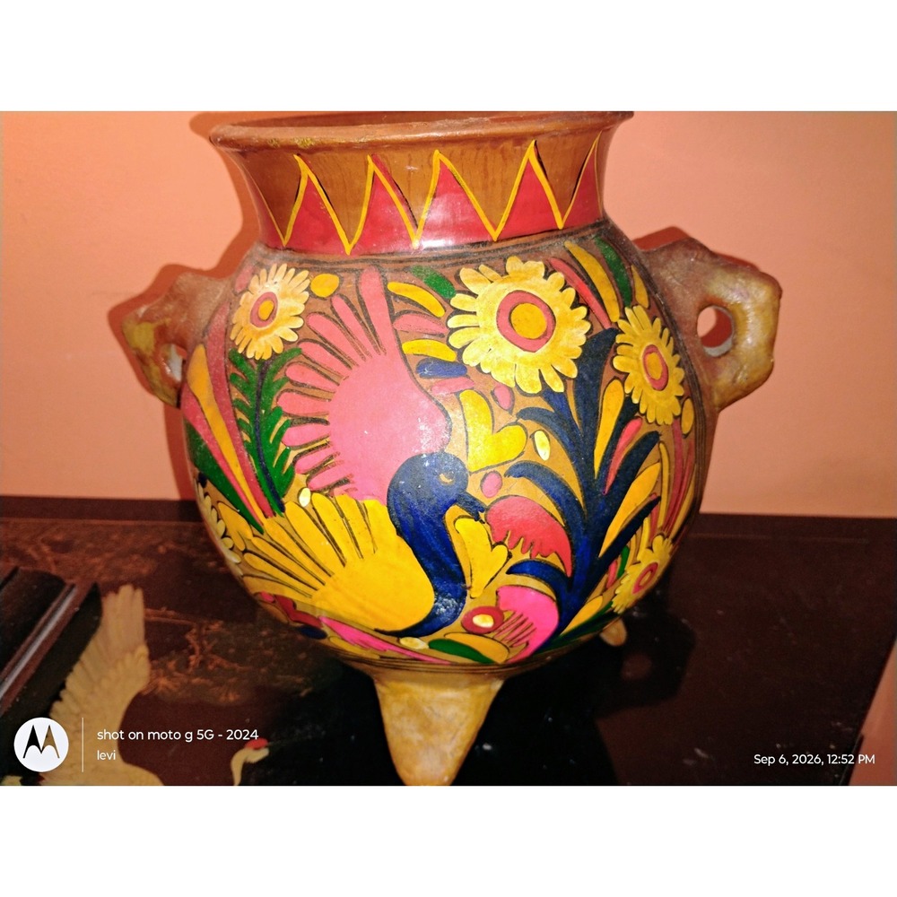 Hand-Painted Art Pottery Vase Glossy Multicolor Floral Bird Decorative